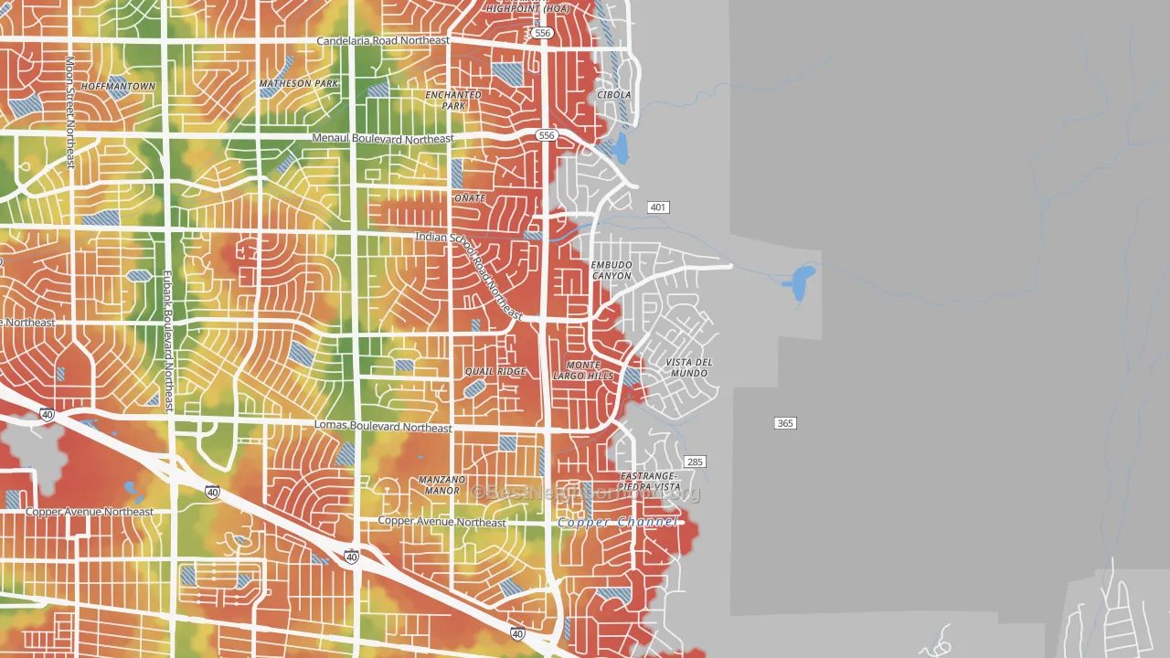 Walk Grade map of Embudo Canyon, Albuquerque, NM, walkable areas in green and car-dependent areas in red