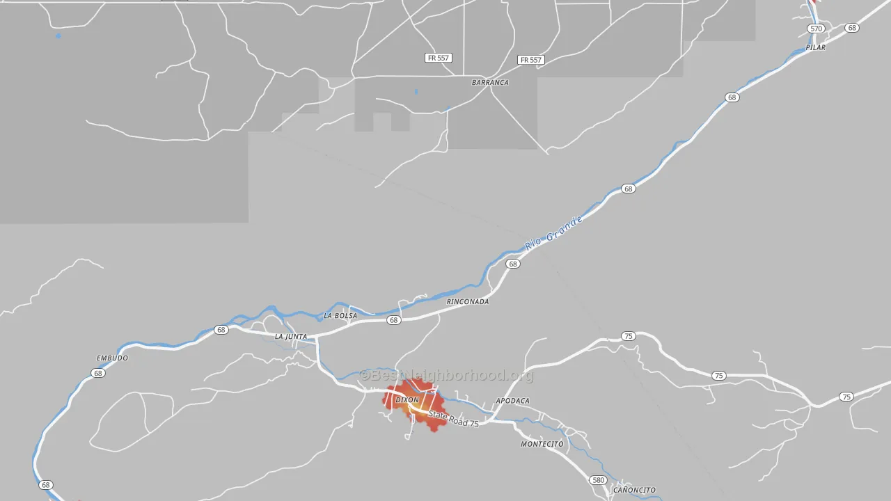 Walk Grade map of Embudo, NM, walkable areas in green and car-dependent areas in red