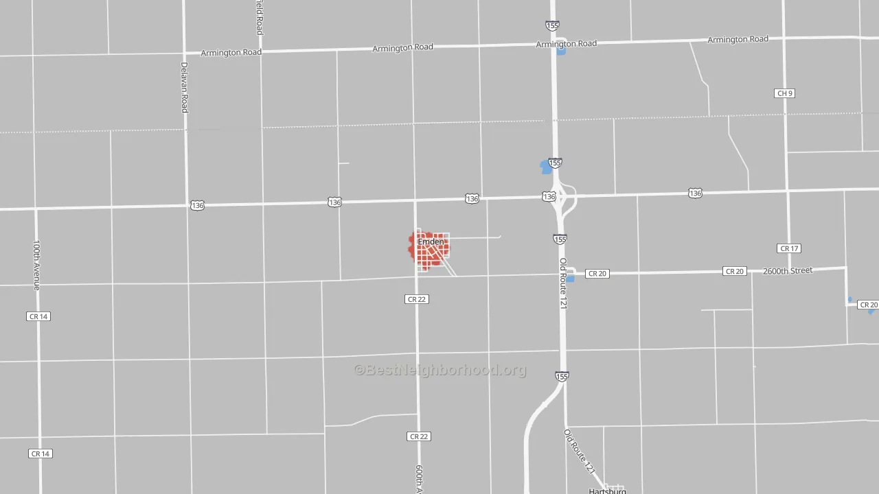 Walk Grade map of Emden, IL, walkable areas in green and car-dependent areas in red