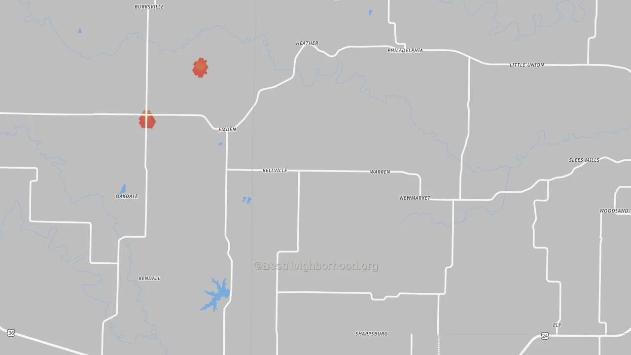 Walk Grade map of Emden, MO, walkable areas in green and car-dependent areas in red
