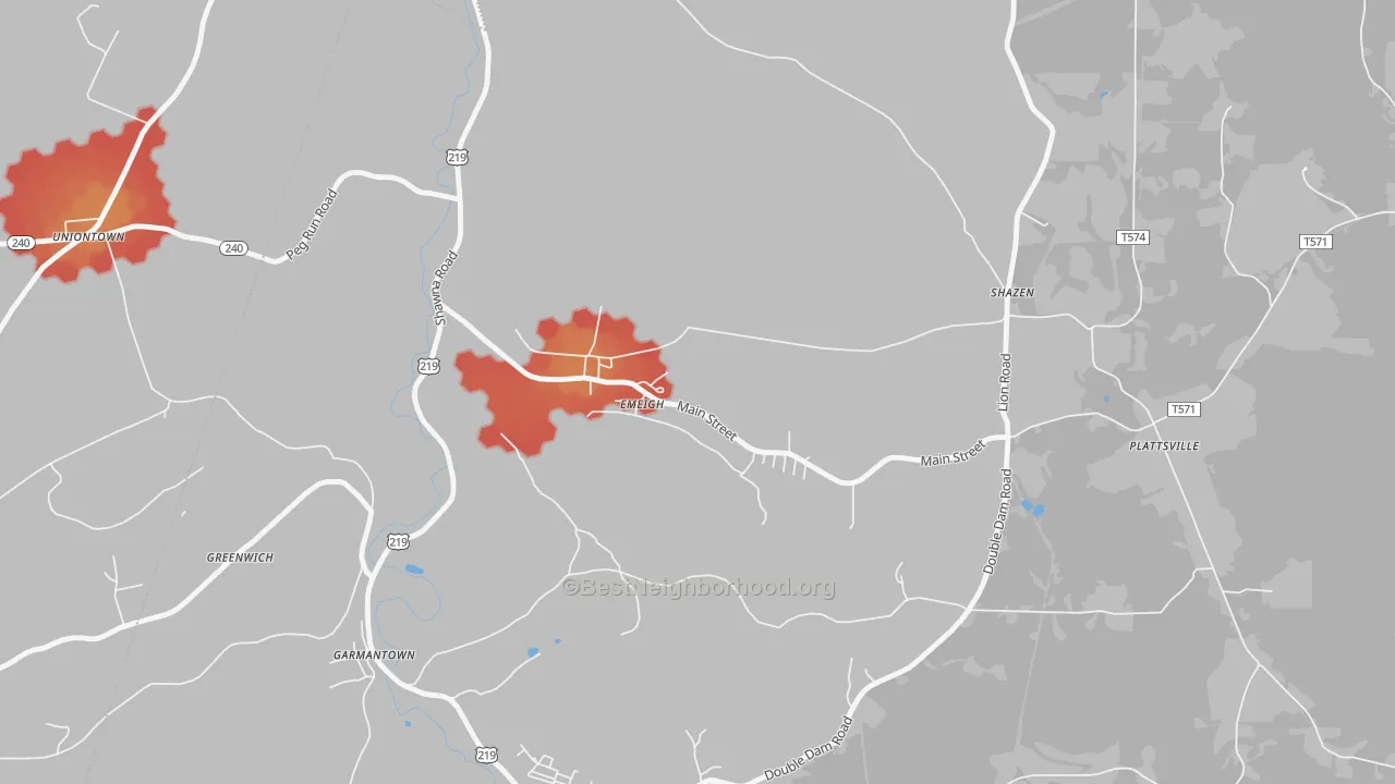 Walk Grade map of Emeigh, PA, walkable areas in green and car-dependent areas in red