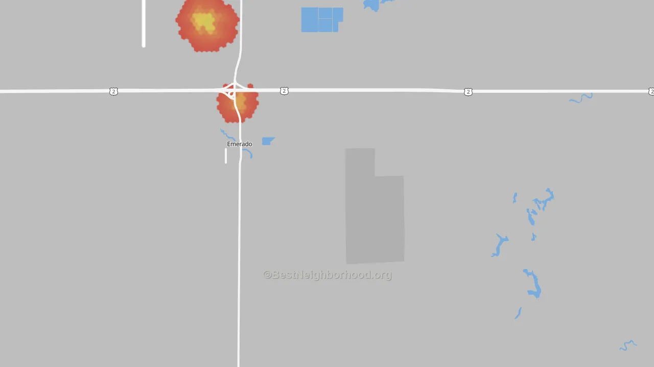 Walk Grade map of Emerado, ND, walkable areas in green and car-dependent areas in red