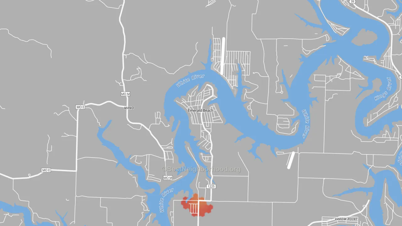Walk Grade map of Emerald Beach, MO, walkable areas in green and car-dependent areas in red