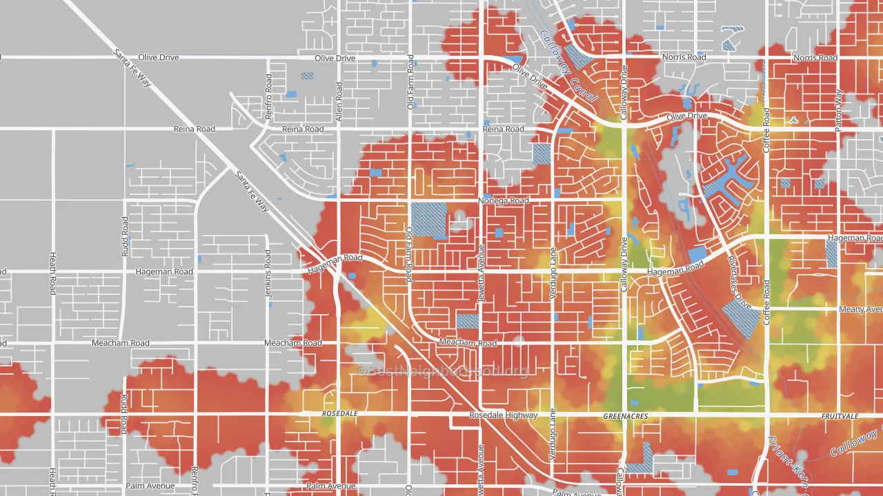 Walk Grade map of Emerald Estates, Bakersfield, CA, walkable areas in green and car-dependent areas in red