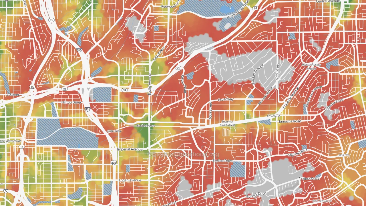 Walk Grade map of Emerald Hills, San Diego, CA, walkable areas in green and car-dependent areas in red