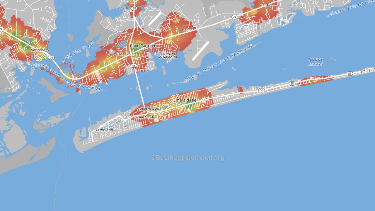 Walk Grade map of Emerald Isle, NC, walkable areas in green and car-dependent areas in red