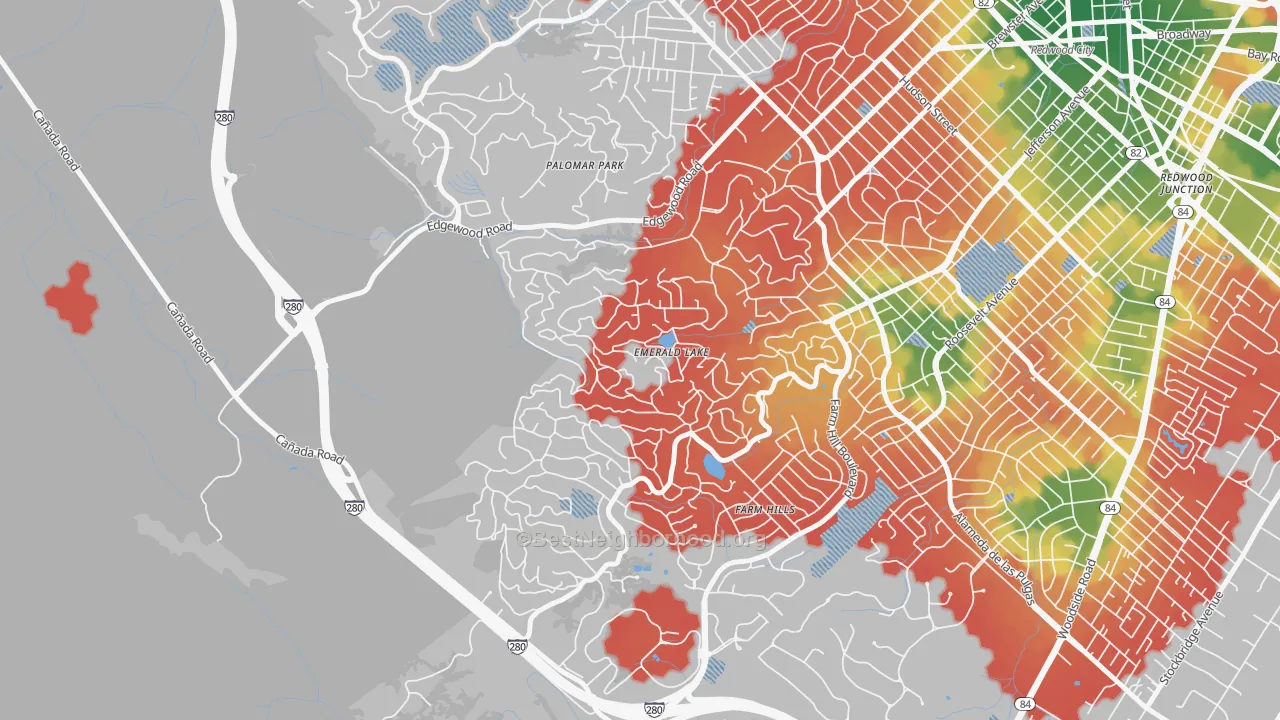 Walk Grade map of Emerald Lake Hills, Redwood City, CA, walkable areas in green and car-dependent areas in red