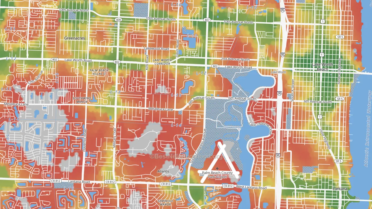Walk Grade map of Emerald Lake-Miami, Lake Worth, FL, walkable areas in green and car-dependent areas in red