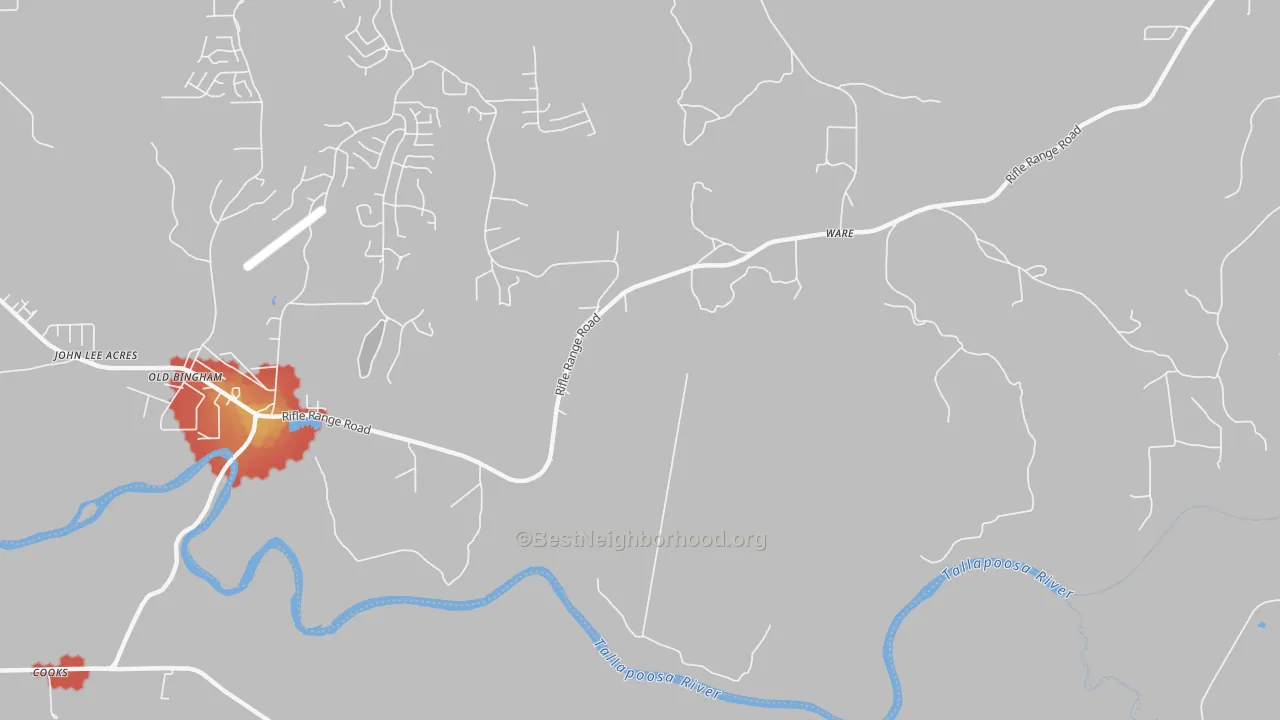 Walk Grade map of Emerald Mountain, AL, walkable areas in green and car-dependent areas in red