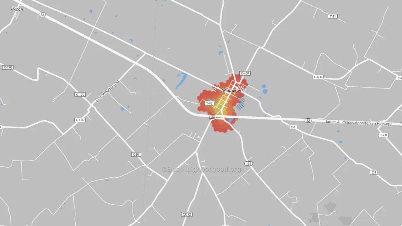Walk Grade map of Emerald, OH, walkable areas in green and car-dependent areas in red