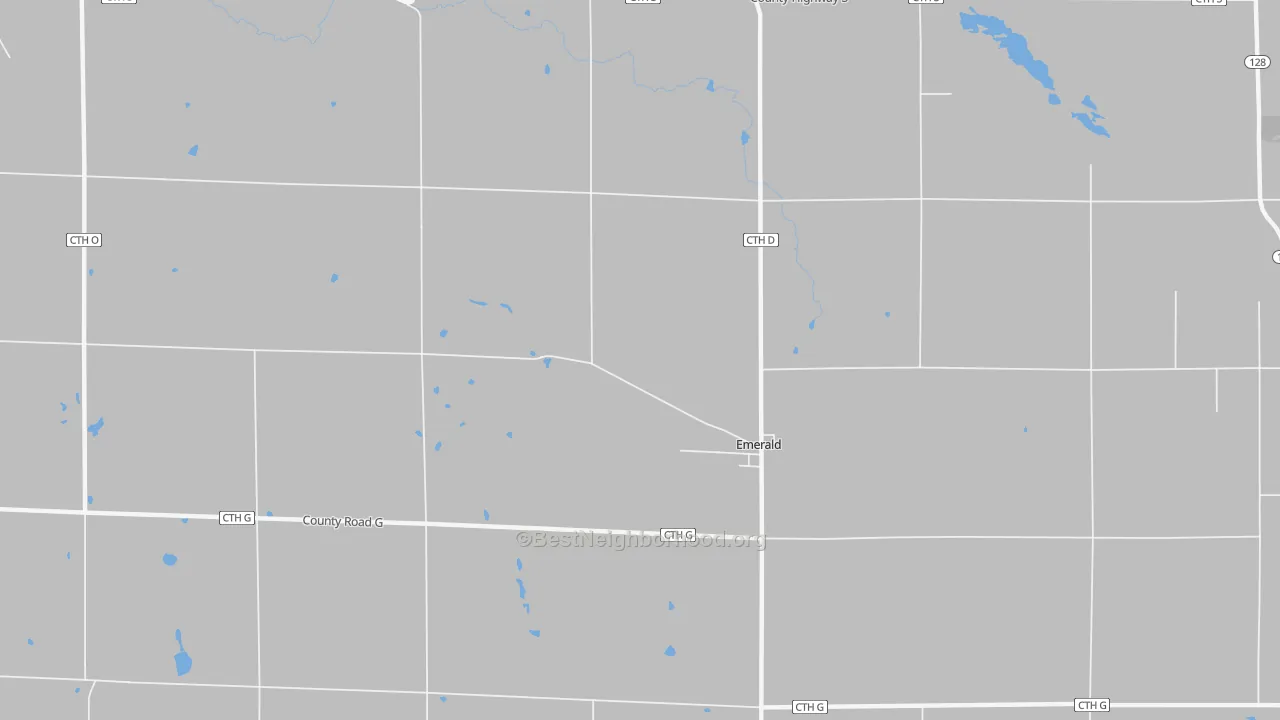 Walk Grade map of Emerald, WI, walkable areas in green and car-dependent areas in red