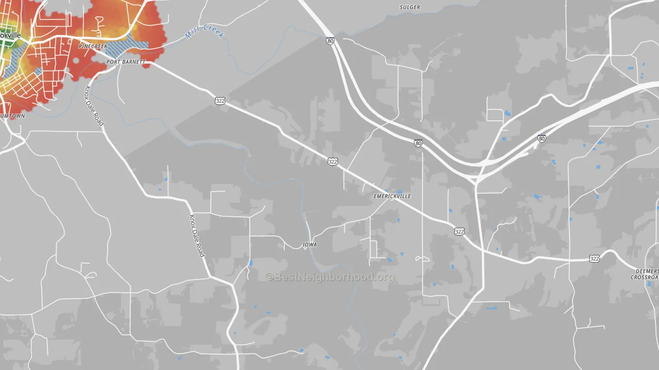 Walk Grade map of Emerickville, PA, walkable areas in green and car-dependent areas in red