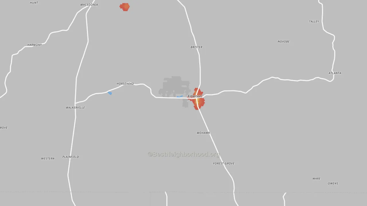 Walk Grade map of Emerson, AR, walkable areas in green and car-dependent areas in red