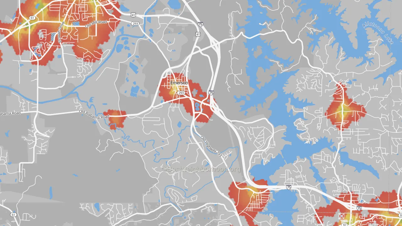 Walk Grade map of Emerson, GA, walkable areas in green and car-dependent areas in red