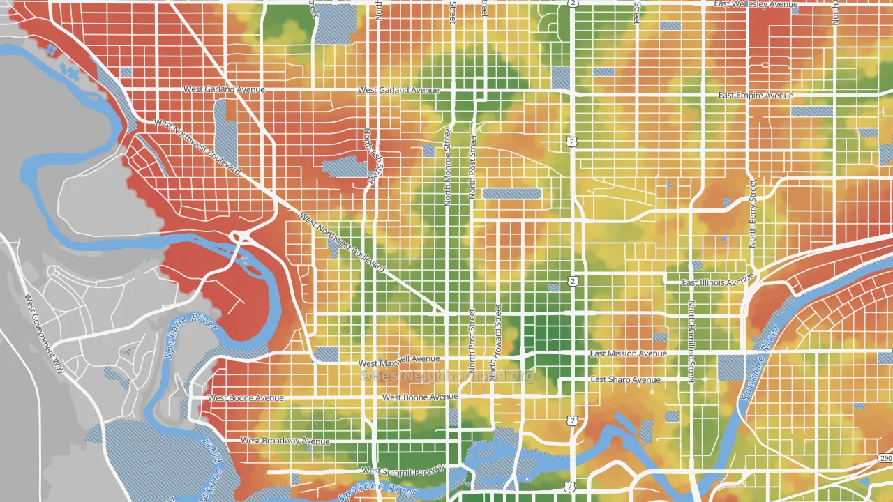 Walk Grade map of Emerson Garfield, Spokane, WA, walkable areas in green and car-dependent areas in red
