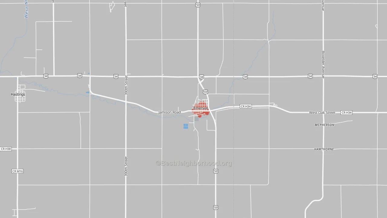 Walk Grade map of Emerson, IA, walkable areas in green and car-dependent areas in red