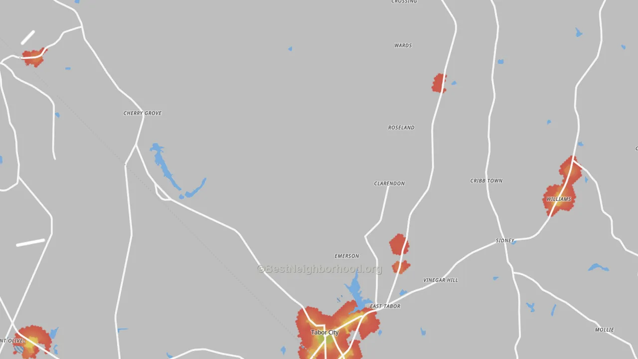 Walk Grade map of Emerson, NC, walkable areas in green and car-dependent areas in red