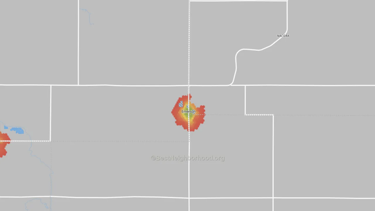 Walk Grade map of Emerson, NE, walkable areas in green and car-dependent areas in red