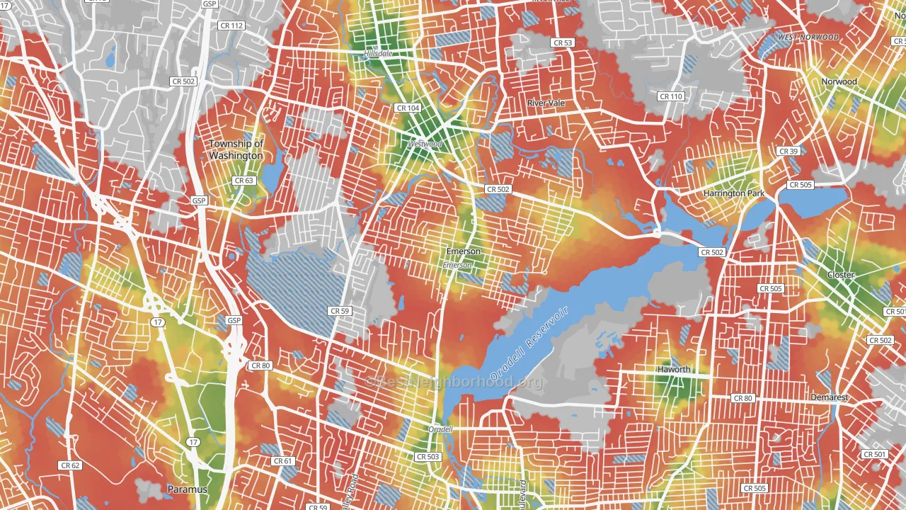 Walk Grade map of Emerson, NJ, walkable areas in green and car-dependent areas in red