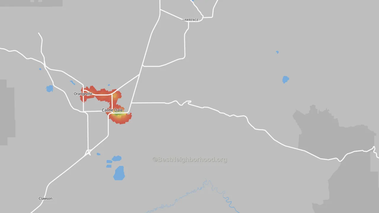 Walk Grade map of Emery County, UT, walkable areas in green and car-dependent areas in red