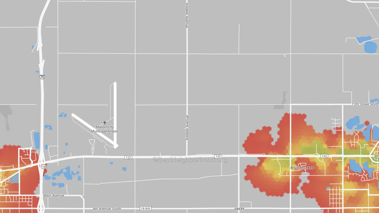 Walk Grade map of Emery, IA, walkable areas in green and car-dependent areas in red