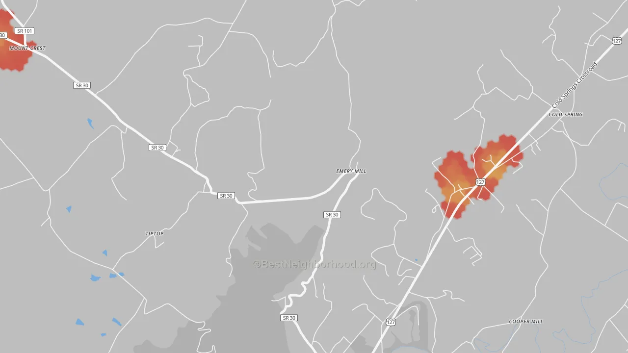 Walk Grade map of Emery Mill, TN, walkable areas in green and car-dependent areas in red