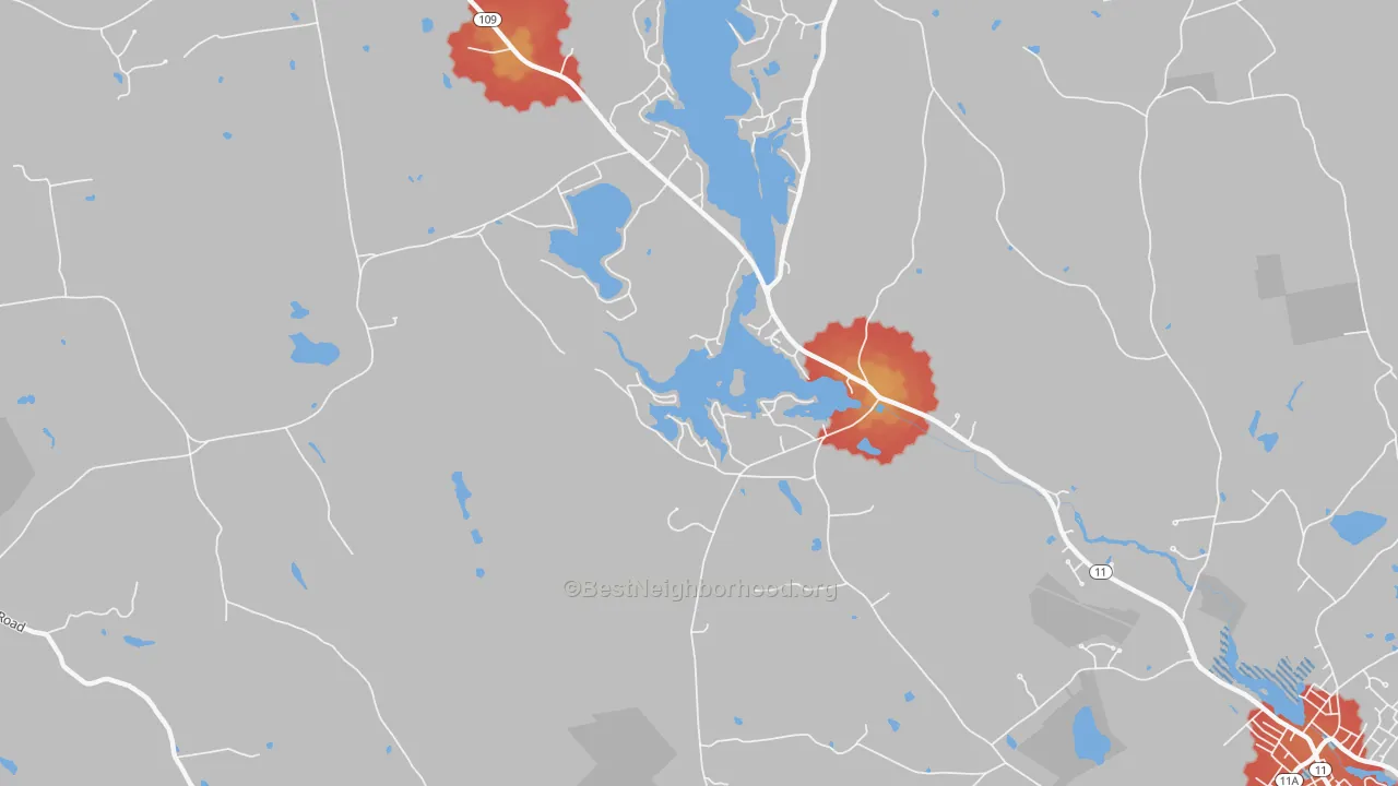 Walk Grade map of Emery Mills, ME, walkable areas in green and car-dependent areas in red