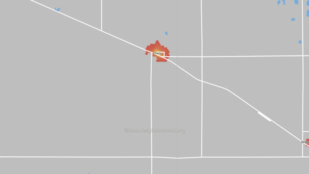 Walk Grade map of Emery, SD, walkable areas in green and car-dependent areas in red