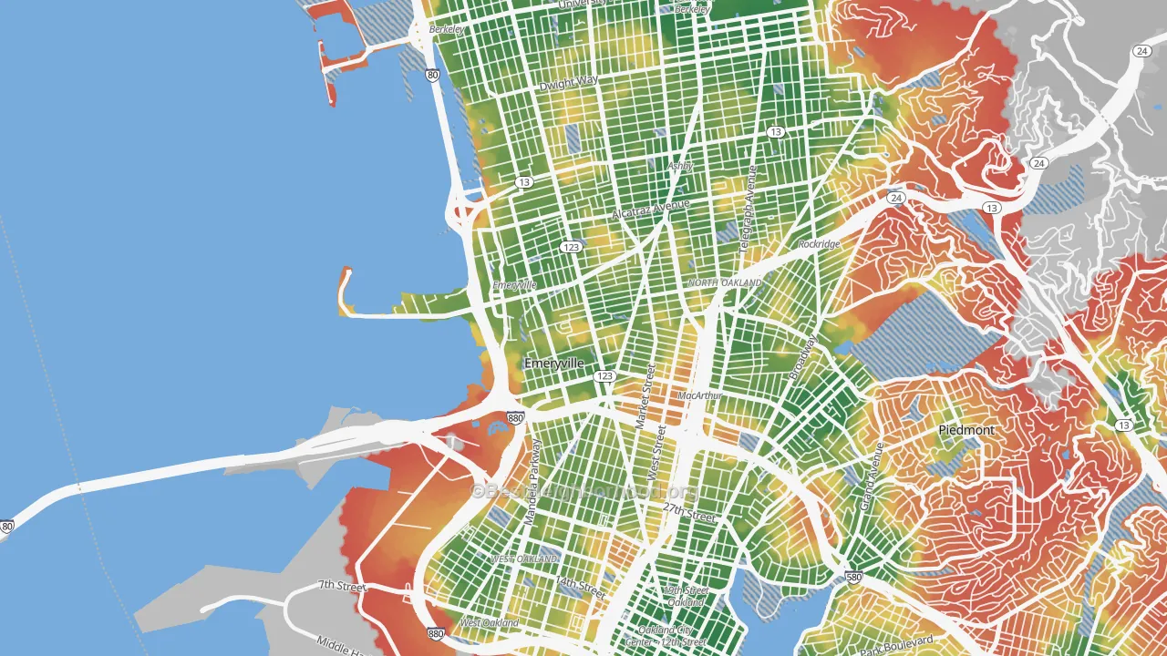 Walk Grade map of Emeryville, CA, walkable areas in green and car-dependent areas in red