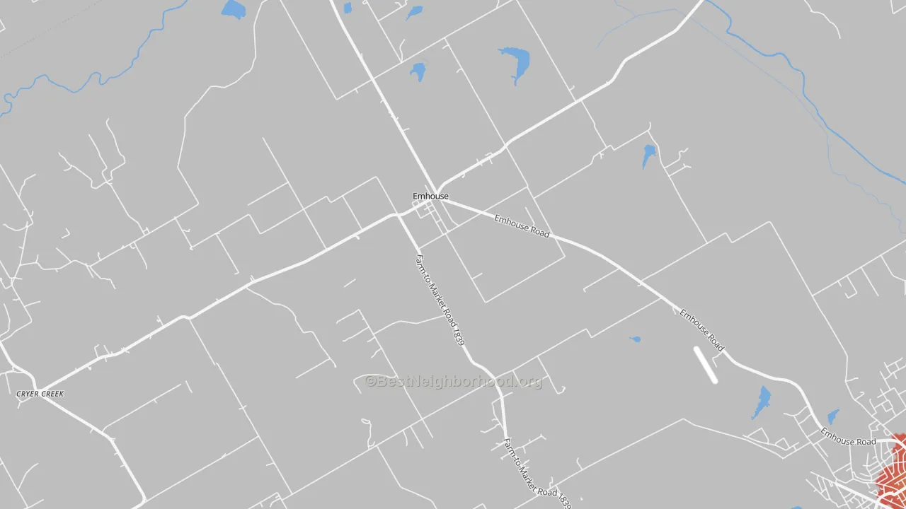 Walk Grade map of Emhouse, TX, walkable areas in green and car-dependent areas in red