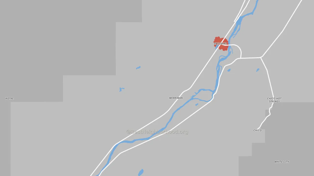 Walk Grade map of Emigrant, MT, walkable areas in green and car-dependent areas in red