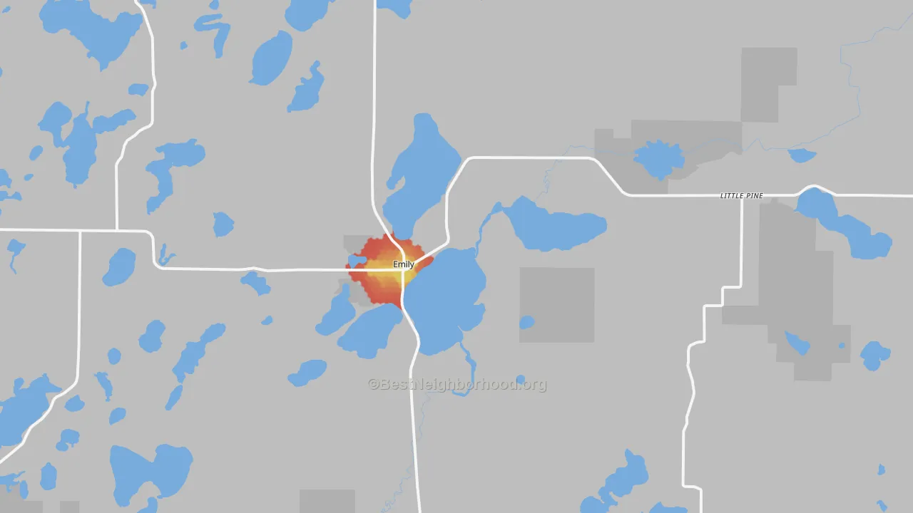 Walk Grade map of Emily, MN, walkable areas in green and car-dependent areas in red