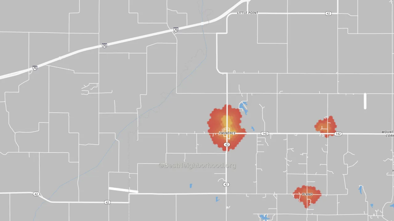 Walk Grade map of Eminence, IN, walkable areas in green and car-dependent areas in red