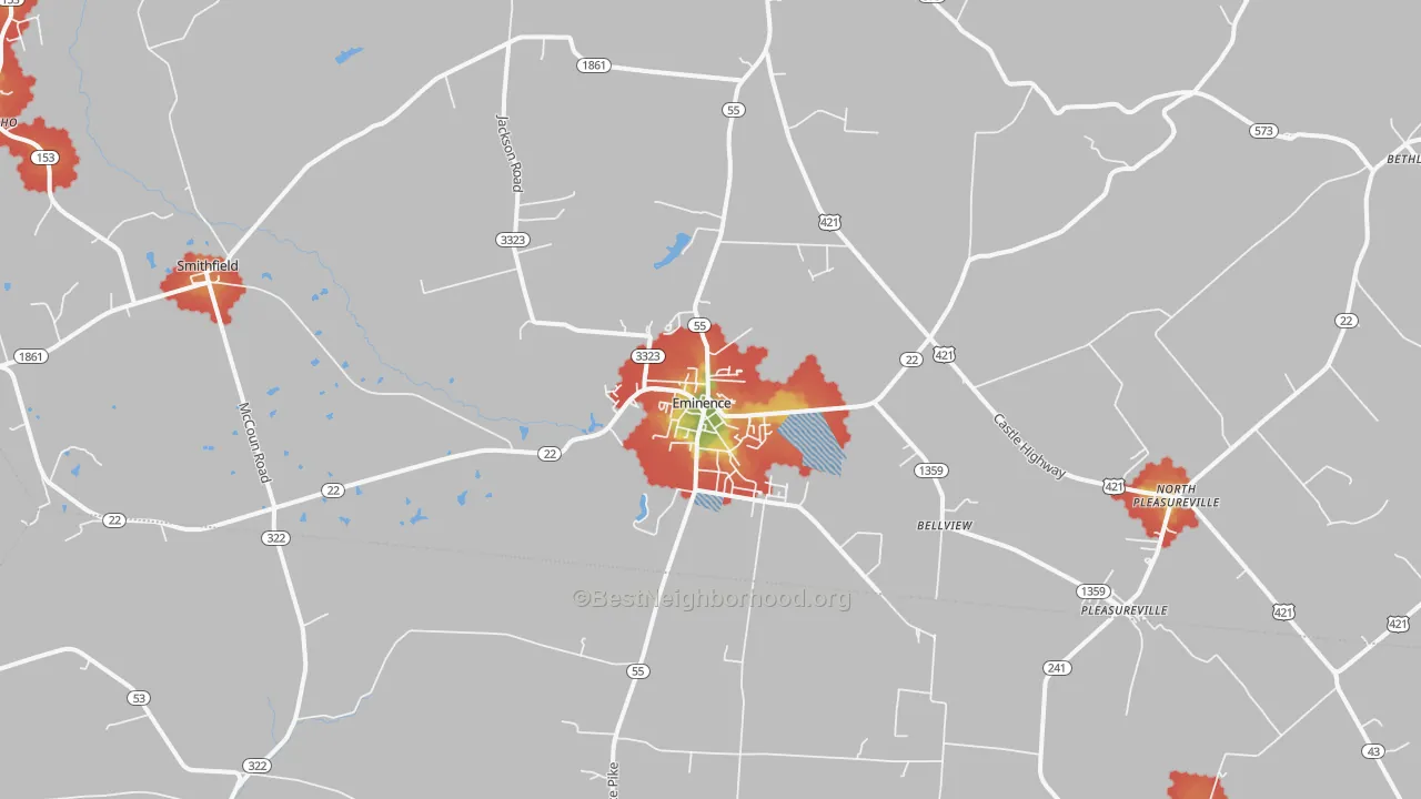 Walk Grade map of Eminence, KY, walkable areas in green and car-dependent areas in red