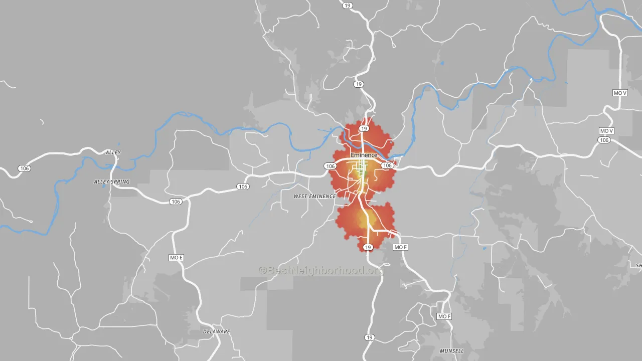Walk Grade map of Eminence, MO, walkable areas in green and car-dependent areas in red