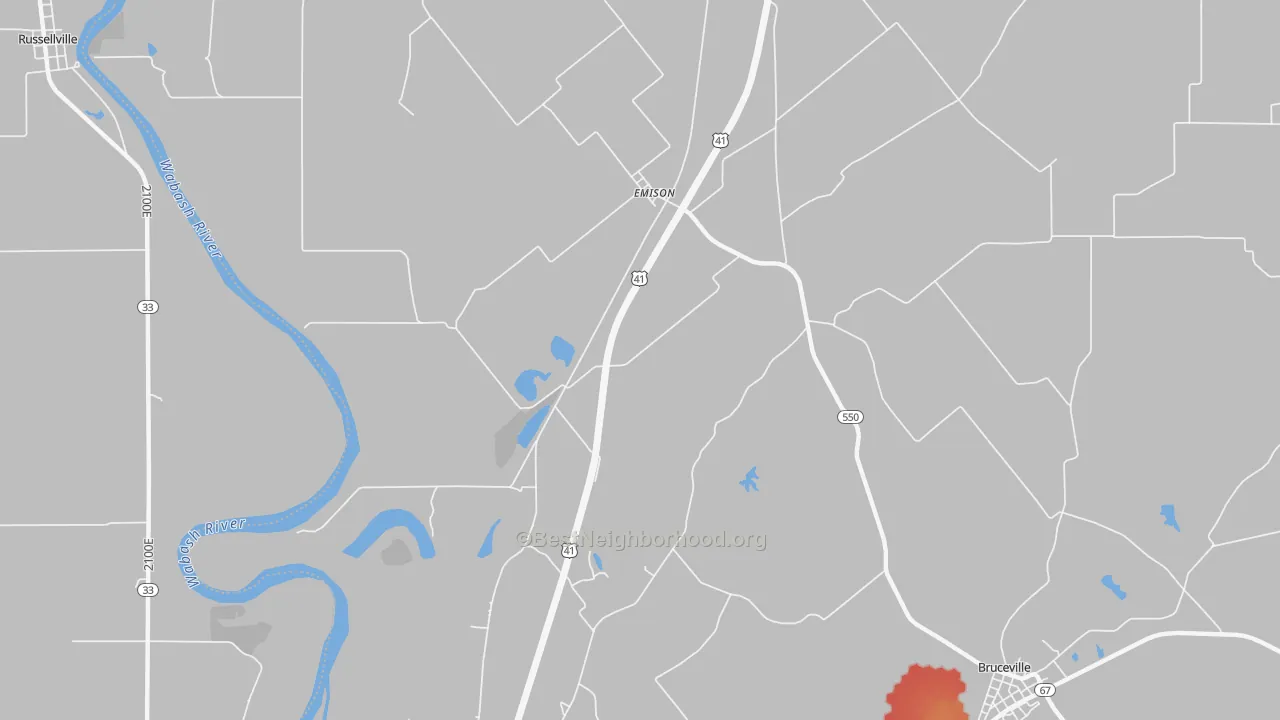 Walk Grade map of Emison, IN, walkable areas in green and car-dependent areas in red