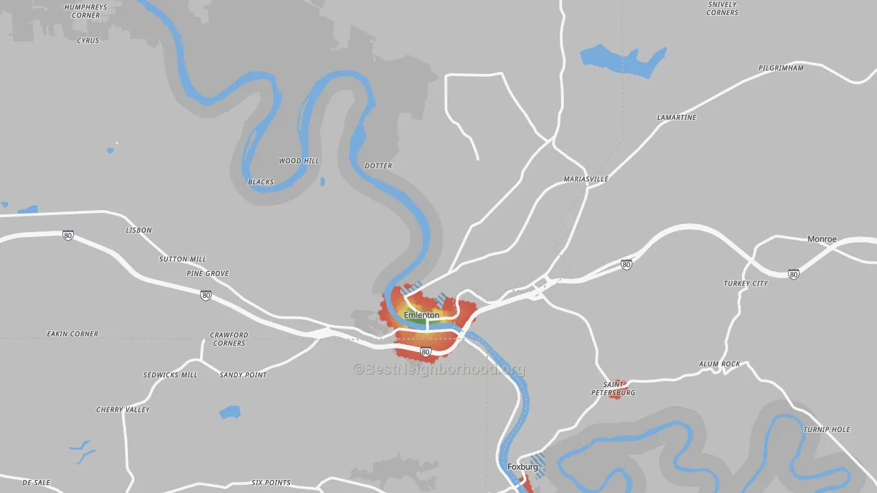 Walk Grade map of Emlenton, PA, walkable areas in green and car-dependent areas in red