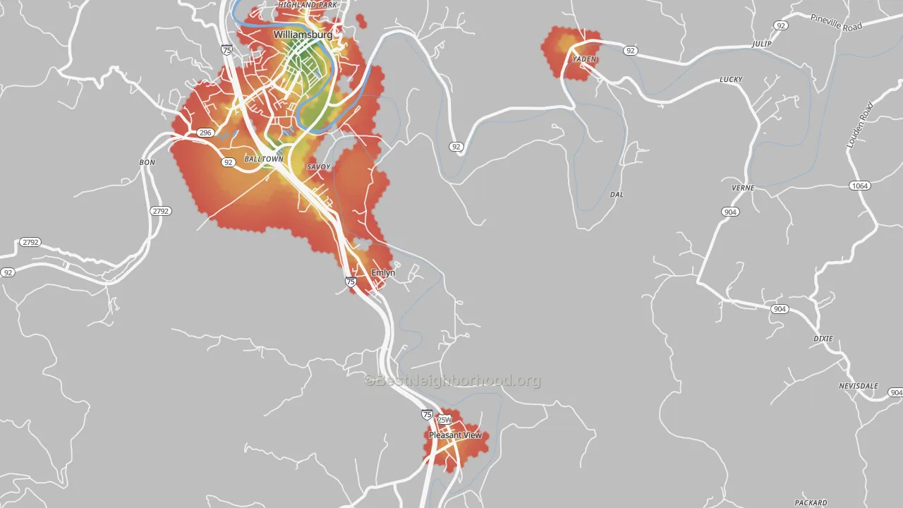 Walk Grade map of Emlyn, KY, walkable areas in green and car-dependent areas in red