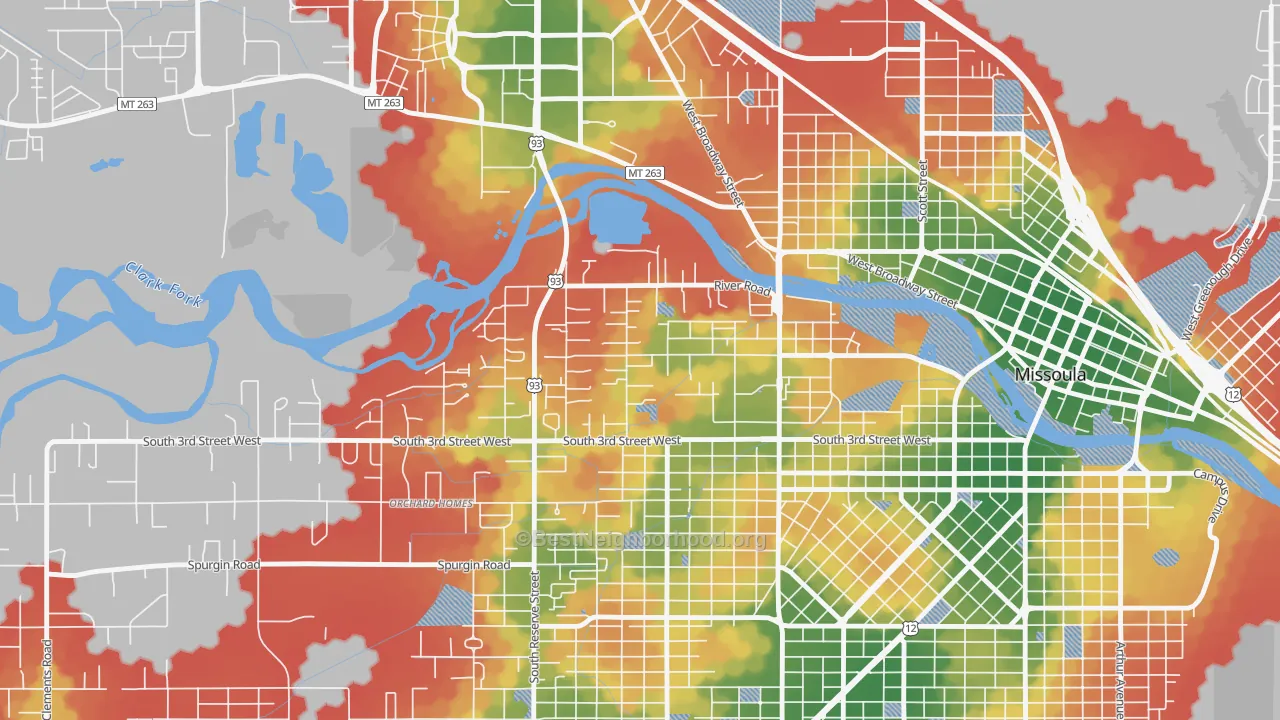 Walk Grade map of Emma Dickinson Orchard Homes, Missoula, MT, walkable areas in green and car-dependent areas in red