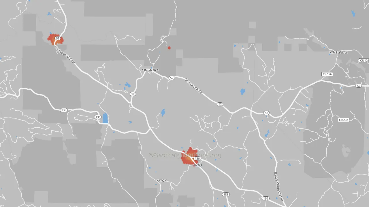 Walk Grade map of Emma, GA, walkable areas in green and car-dependent areas in red