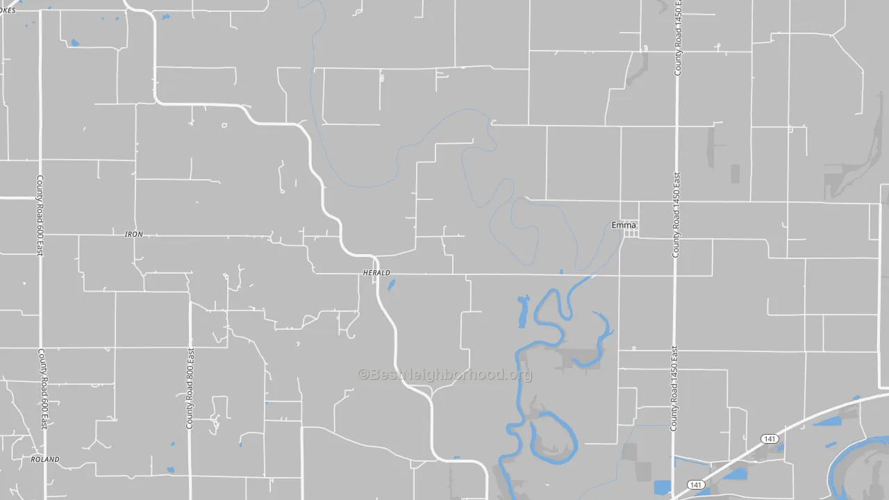 Walk Grade map of Emma, IL, walkable areas in green and car-dependent areas in red