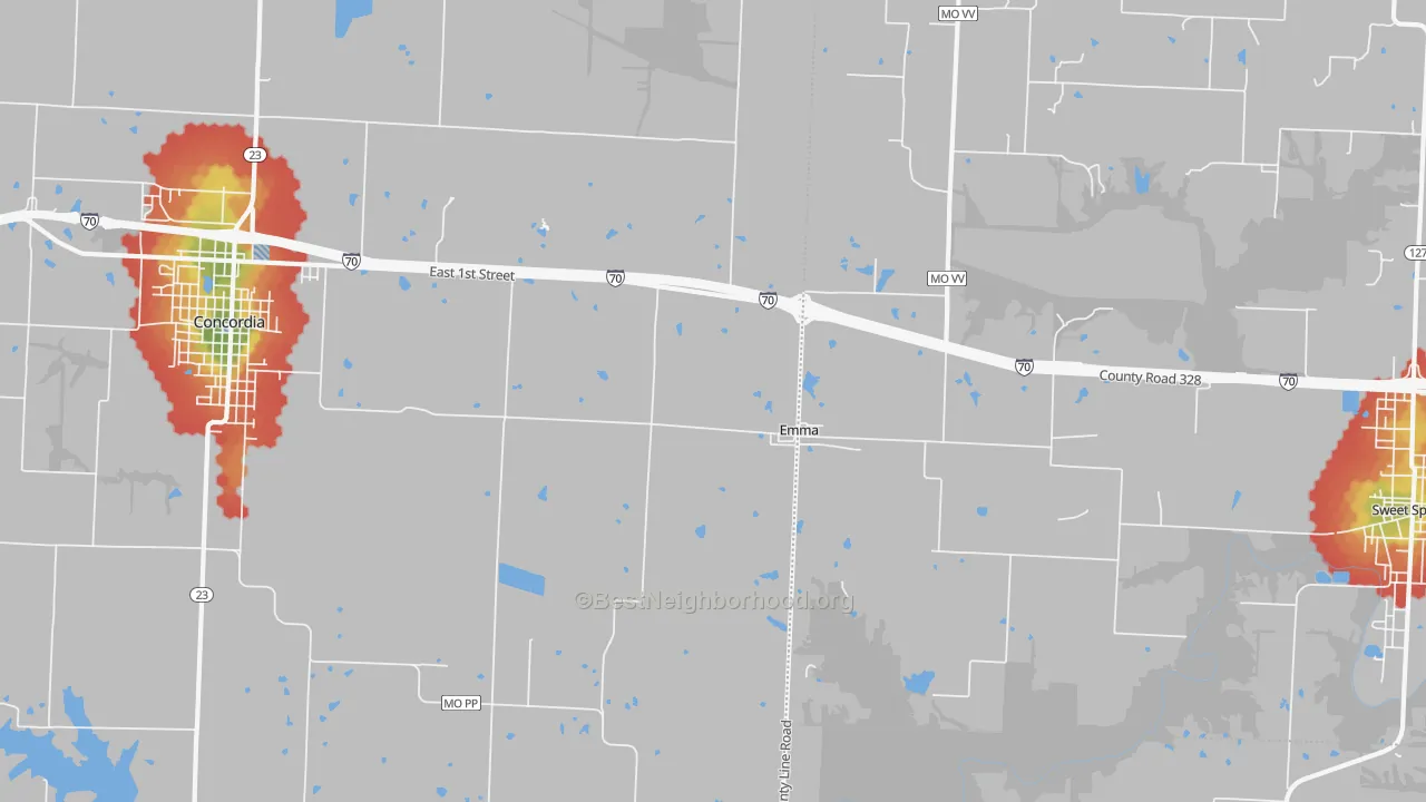 Walk Grade map of Emma, MO, walkable areas in green and car-dependent areas in red