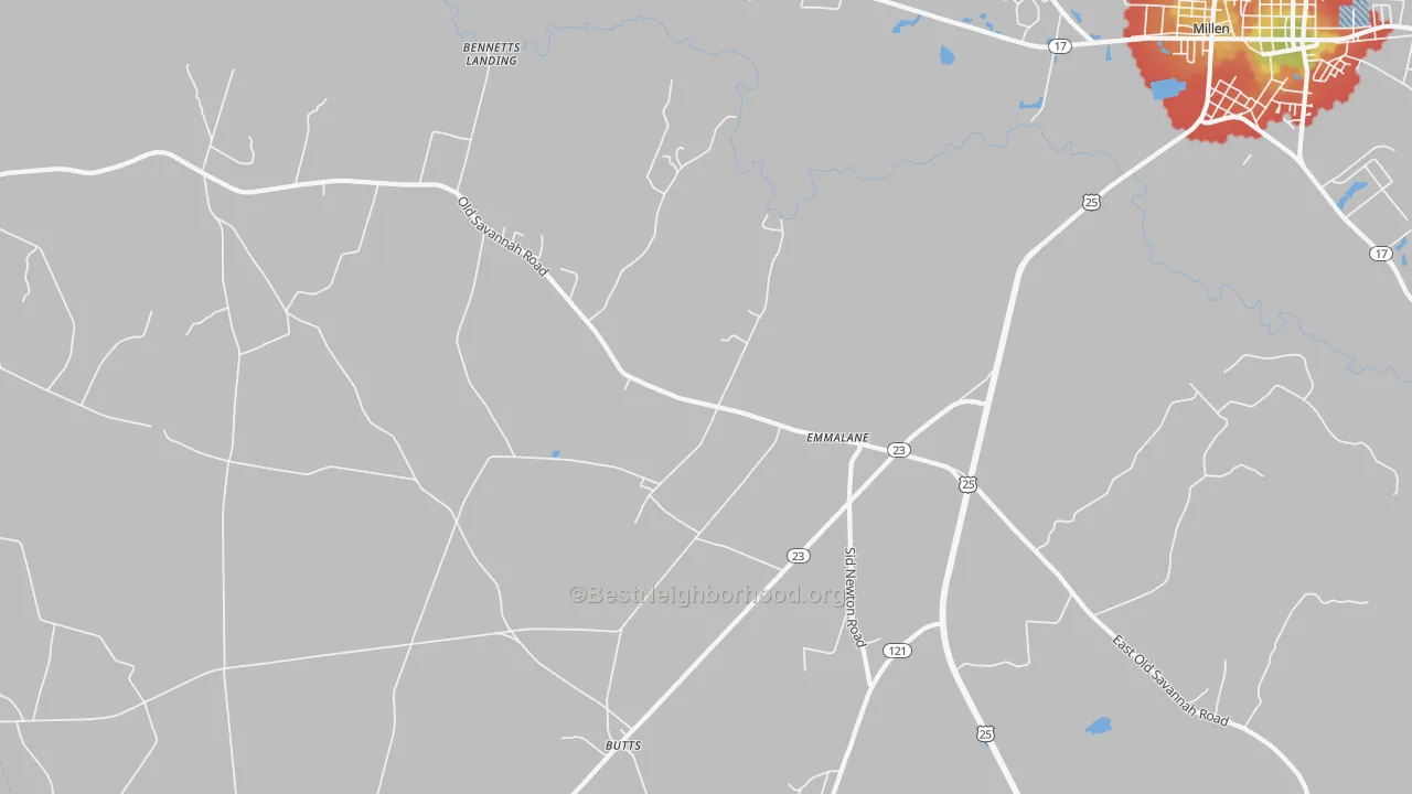 Walk Grade map of Emmalane, GA, walkable areas in green and car-dependent areas in red