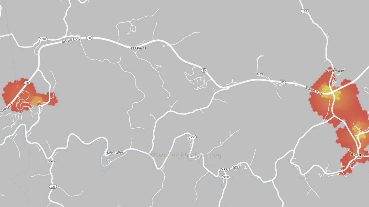 Walk Grade map of Emmalena, KY, walkable areas in green and car-dependent areas in red