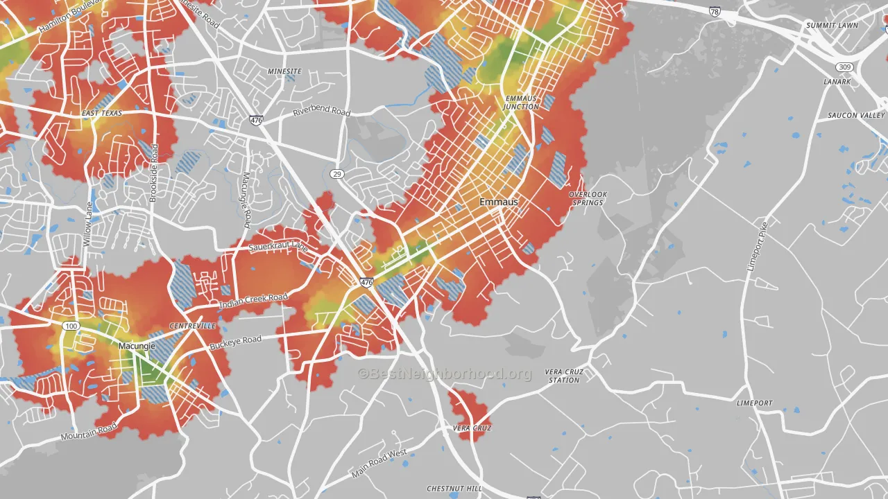 Walk Grade map of Emmaus, PA, walkable areas in green and car-dependent areas in red