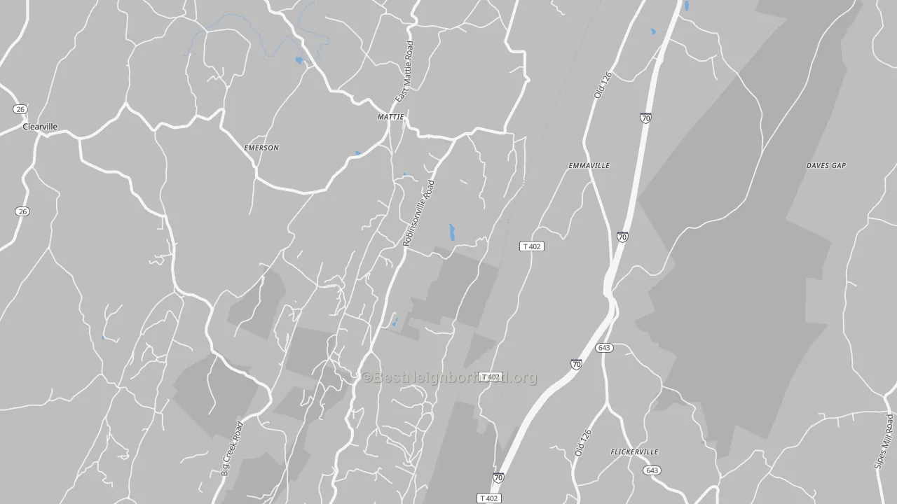 Walk Grade map of Emmaville, PA, walkable areas in green and car-dependent areas in red