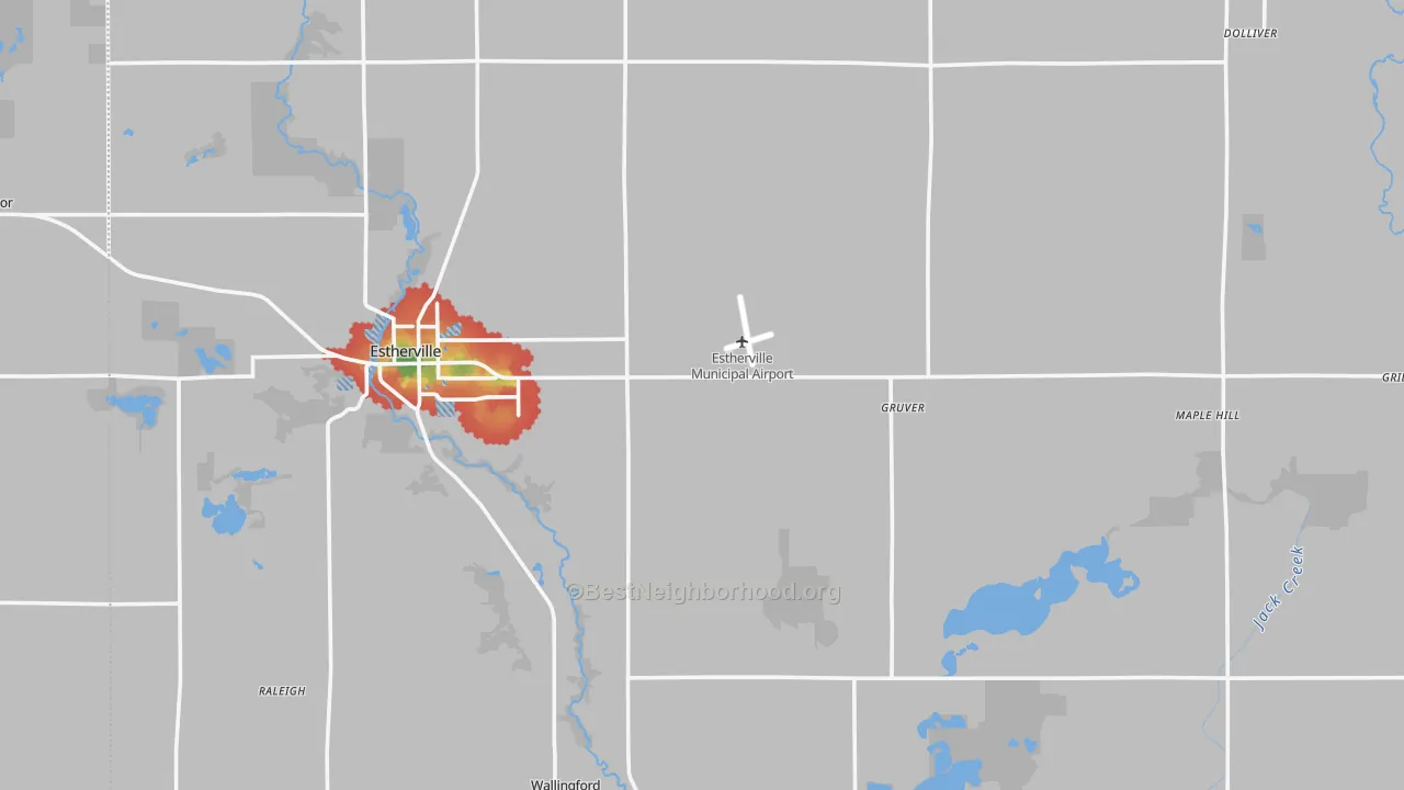 Walk Grade map of Emmet County, IA, walkable areas in green and car-dependent areas in red