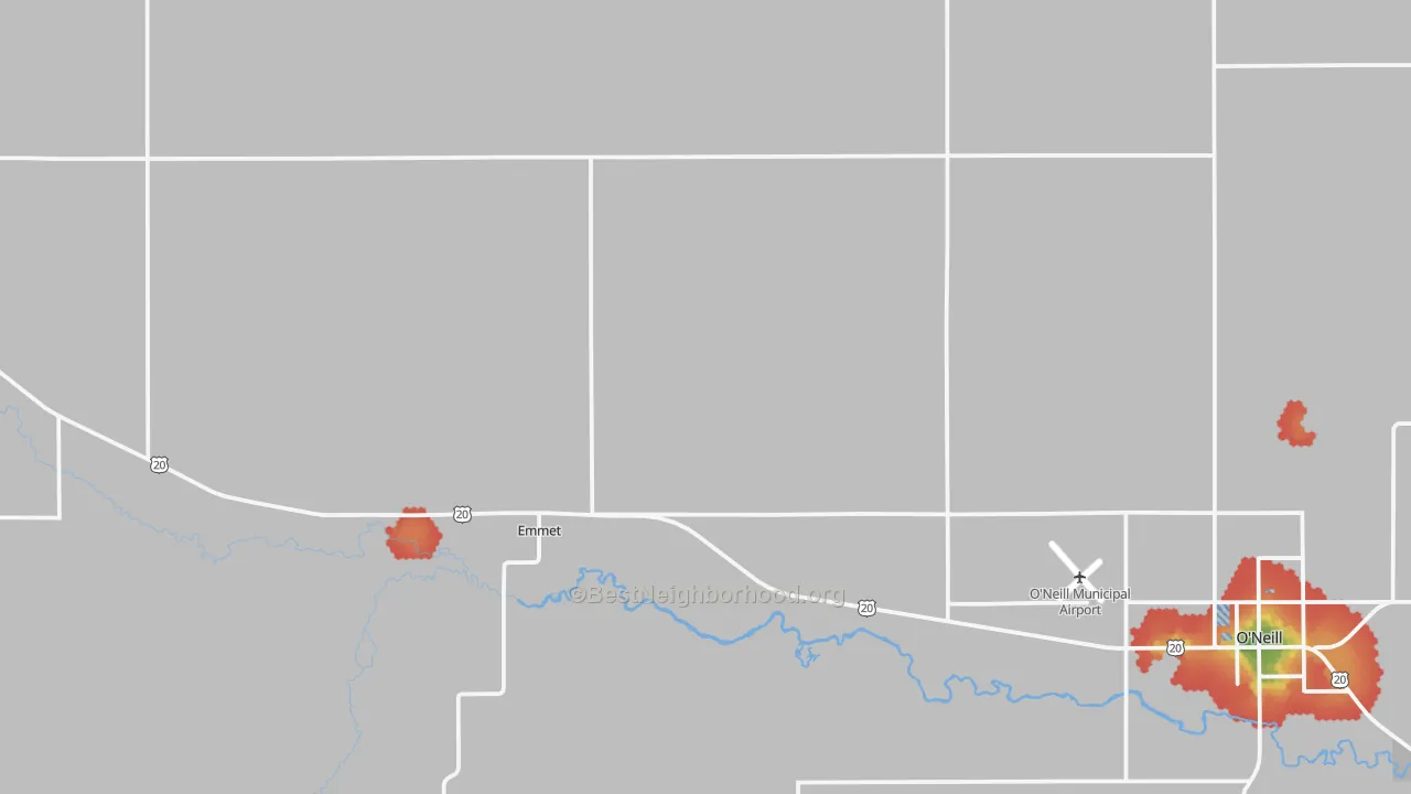 Walk Grade map of Emmet, NE, walkable areas in green and car-dependent areas in red