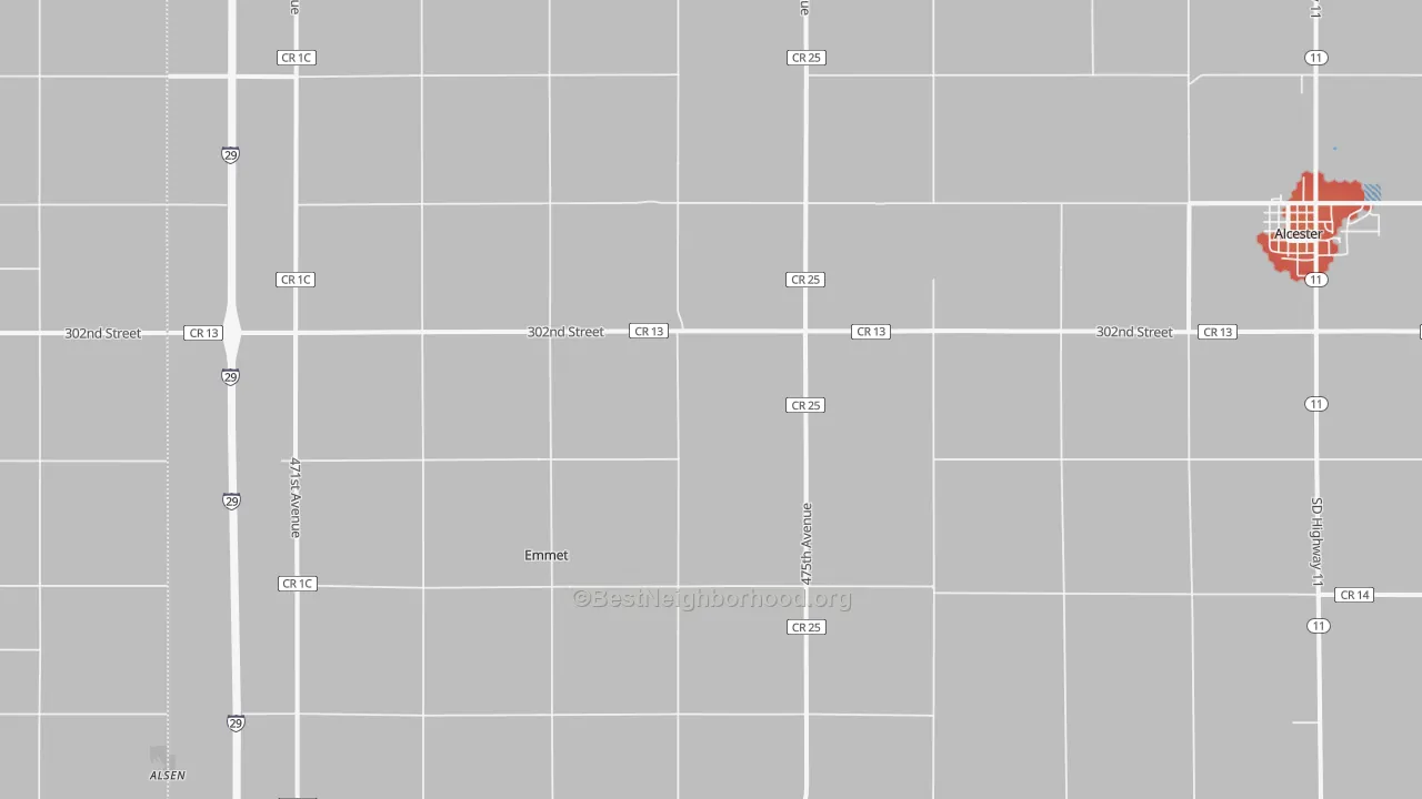 Walk Grade map of Emmet, SD, walkable areas in green and car-dependent areas in red