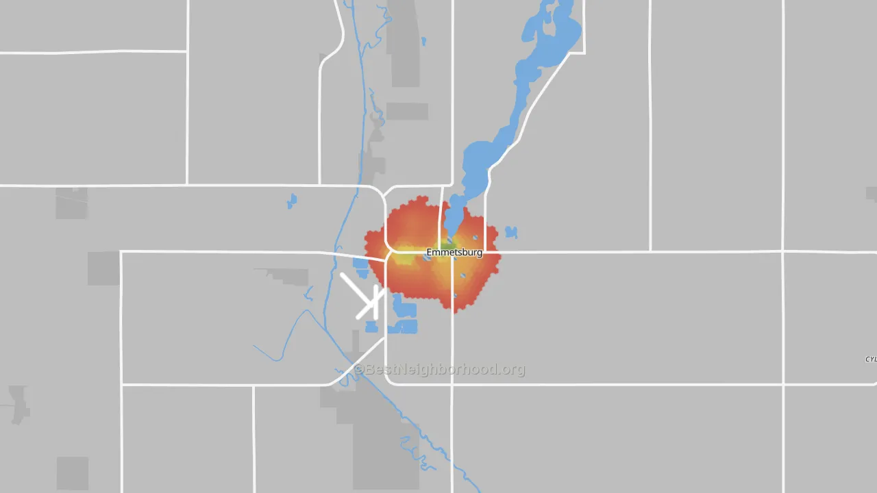 Walk Grade map of Emmetsburg, IA, walkable areas in green and car-dependent areas in red